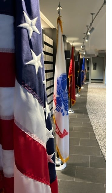 Flags, representing each branch of our Armed Services, in the Hall of Veterans at Brewster Place in Topeka, Kansas