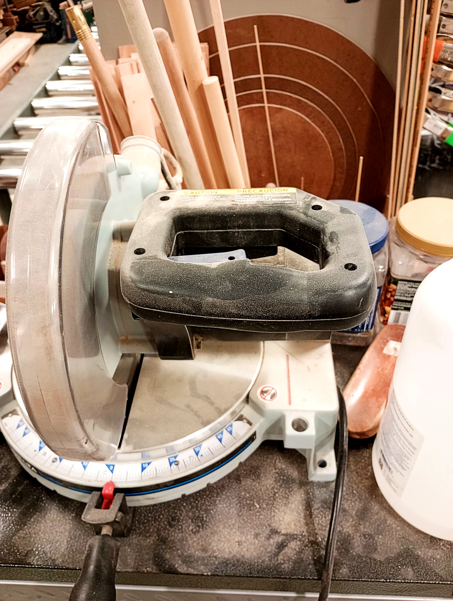 The miter saw in the wood shop at Brewster Place.