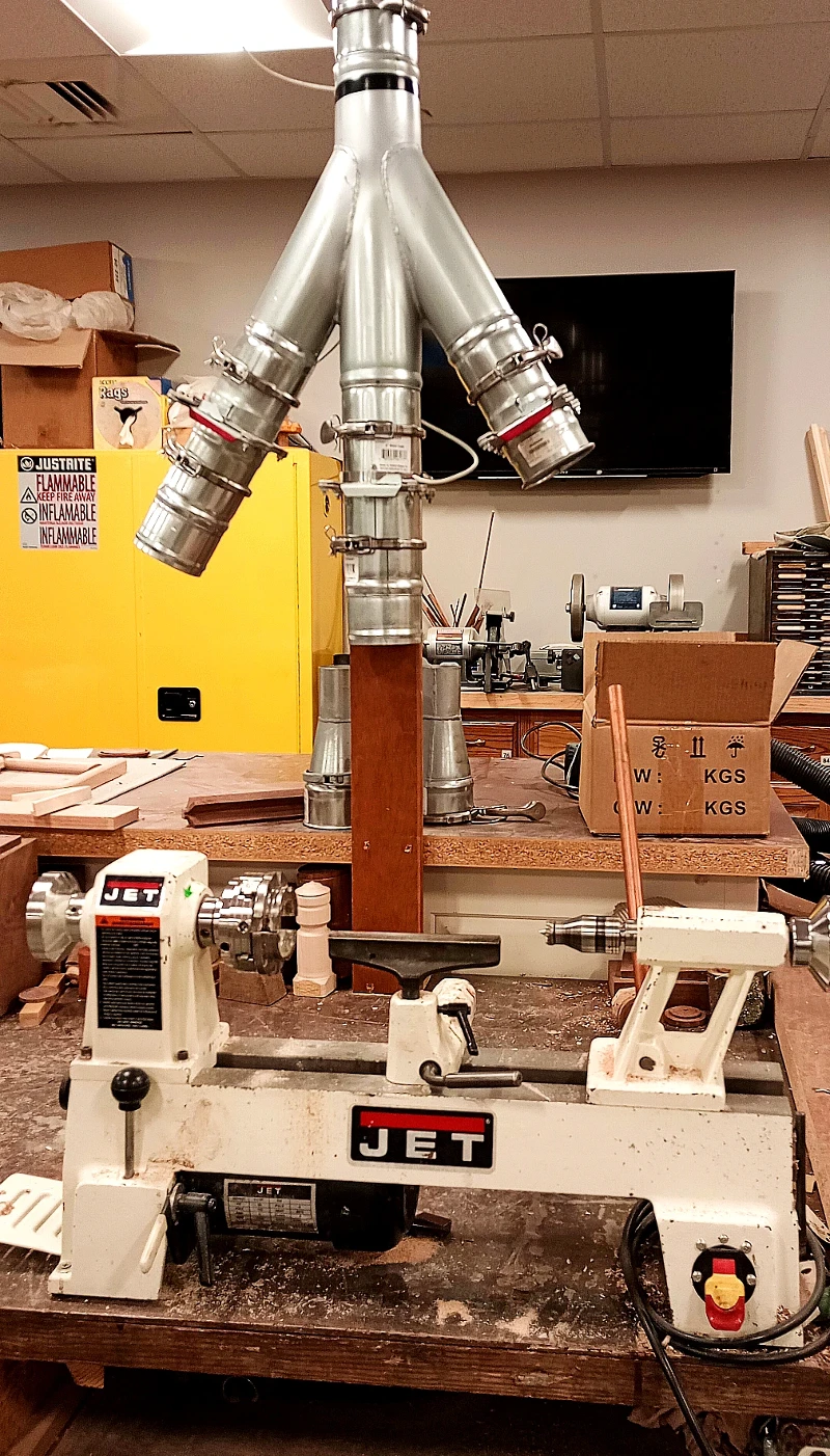 The wood lathe in the Brewster Place wood shop.